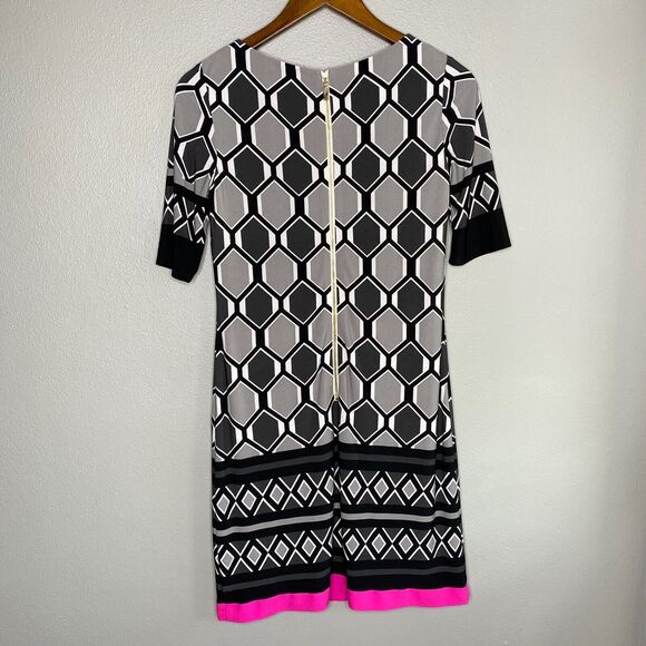 Eliza J Dress Women's 2 Gray Pink Shift Geometric 1/2 Sleeve Art Deco 60's Mod - Picture 4 of 14